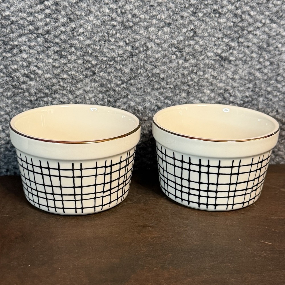 Thyme & Table 2 Piece Ramekin Set Black White Grid Gold Trim Stoneware